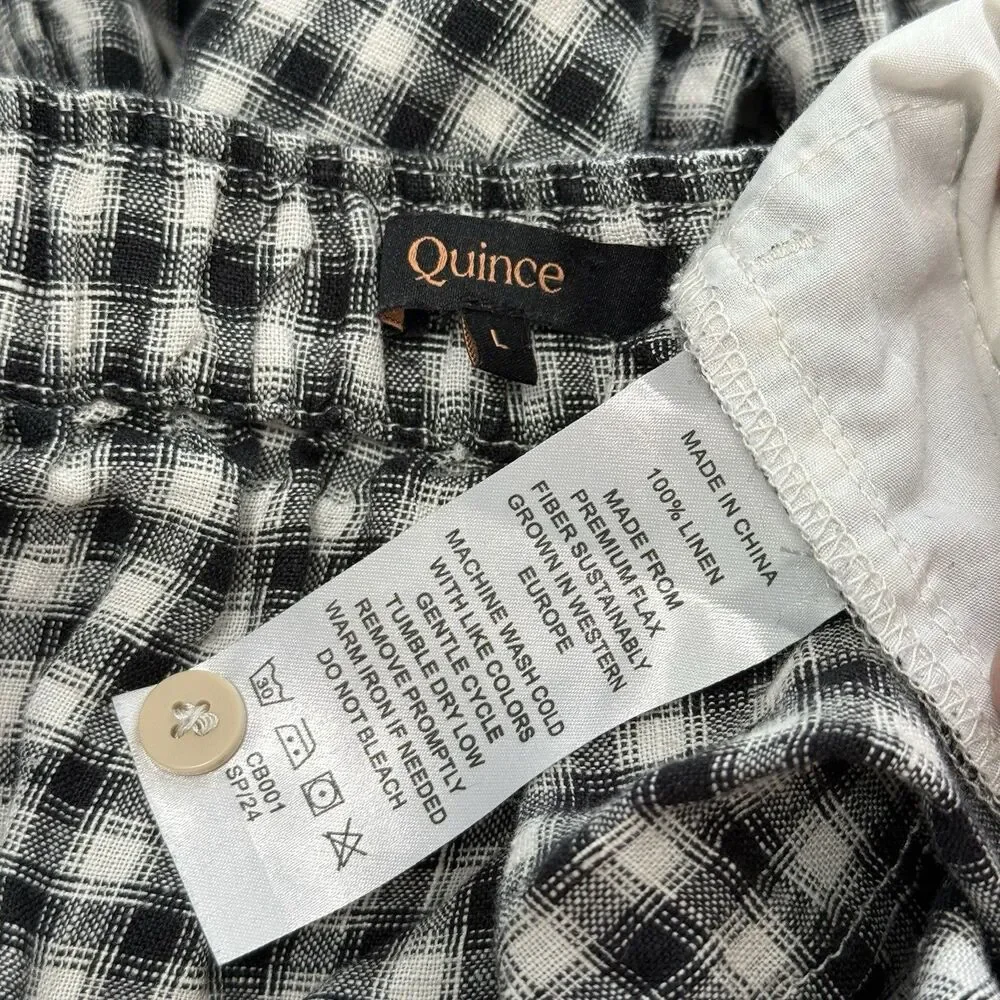 Quince 100% European Linen Square Neck Jumpsuit Large Khaki Black Gingham Preppy